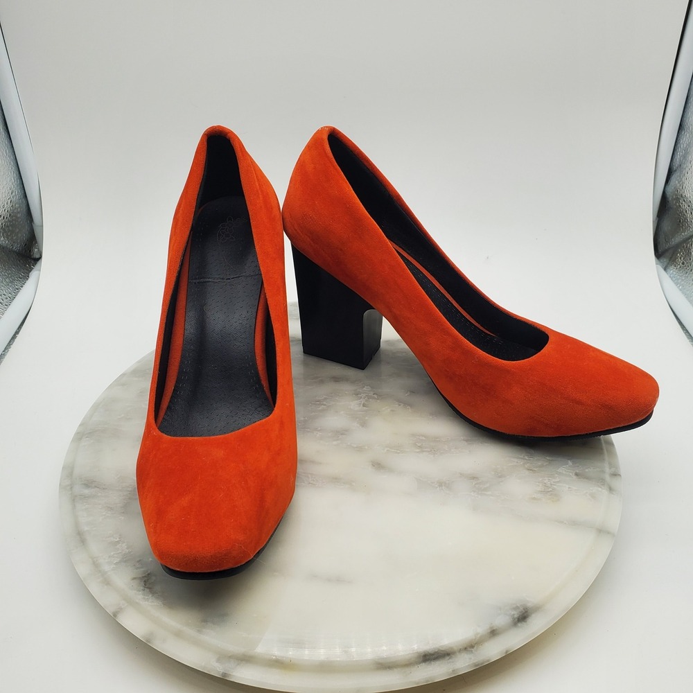 Vibrant Orange Suede Block Heel Pumps Round Toe Chunky High Heels Women Sz 6.5-7